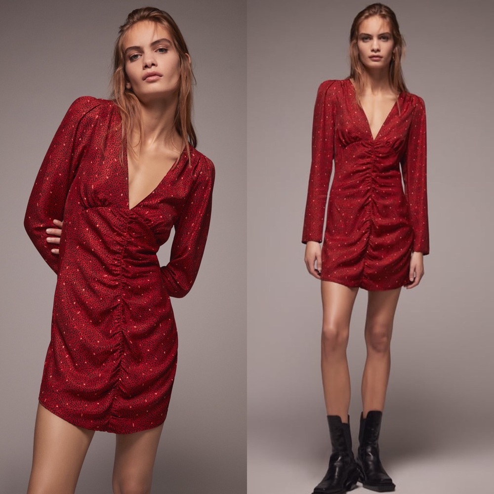 Zara Printed V-Neck Long Sleeve Ruched Dress Puff Shoulders Red/Black Size M NEW